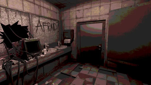 Buckshot Roulette screenshot: a grimy tiled bathroom with the word AFRAID scrawled on the wall above the sinks