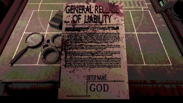 Buckshot Roulette screenshot: a blood-spattered General Release of Liability form signed GOD, beside a magnifying glass and handcuffs