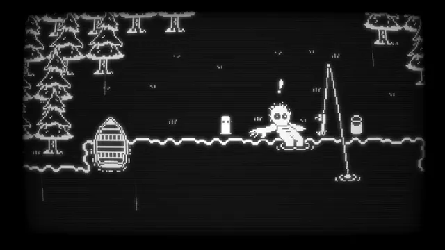 A shaggy pixel creature rising from a lake beside a rowing boat and a fishing line