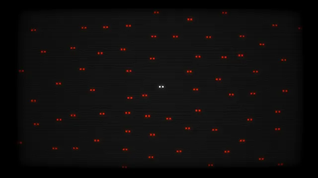A black screen filled with dozens of pairs of red eyes around one pair of white ones