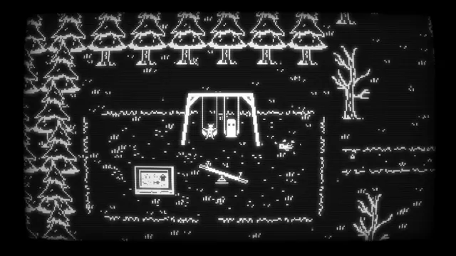 A 1-bit pixel playground with swings and a seesaw in a clearing ringed by pine trees