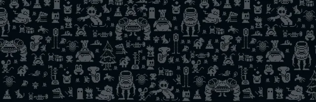 Buddy Simulator 1984 key art: a dark pattern of grey pixel-art creatures, robots and characters from the game