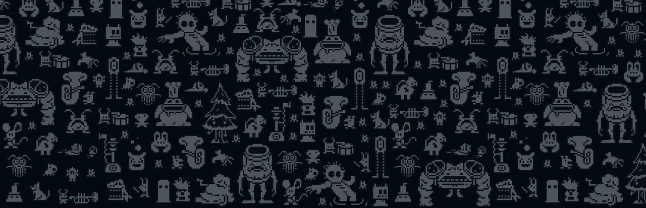 Buddy Simulator 1984 key art: a dark pattern of grey pixel-art creatures, robots and characters from the game