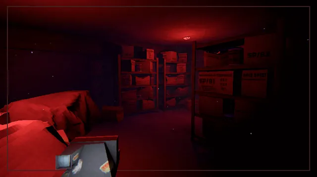 BUNKER 73 screenshot: a storeroom bathed in red light, shelves of labelled boxes, a small photo at the bottom of the frame