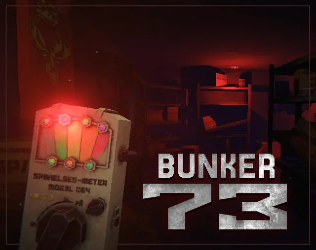 BUNKER 73 cover: a handheld ghost meter glowing red in a dark storeroom of shelves and boxes, with the title in grey block letters