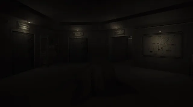 BUNKER 73: a dark bunker hallway with closed doors, signs and a wall map