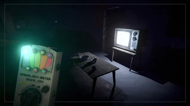 BUNKER 73 screenshot: the ghost meter in hand in a dark living room, an old television glowing with static beside a low table
