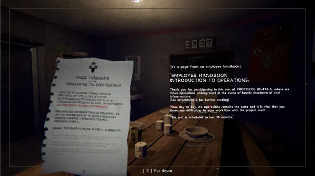 BUNKER 73 screenshot: a page from an employee handbook about a 16-month underground test, held up in a dim mess hall