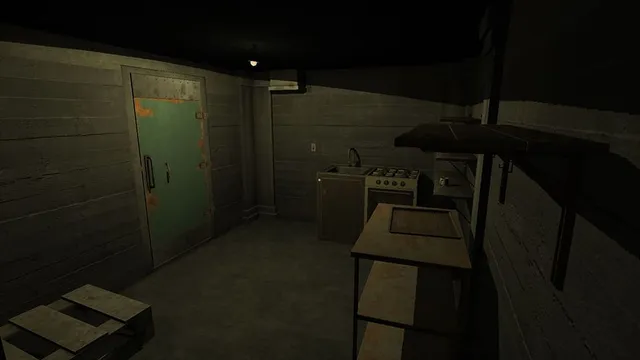 Bunker16 screenshot: a concrete bunker room with a heavy rusted green blast door, a small kitchen and wooden shelves under a single bulb