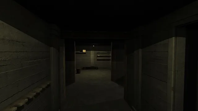 Bunker16 screenshot: a dark concrete corridor with plank-lined walls leading to a room of shelves