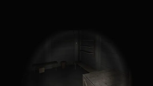 Bunker16 screenshot: the flashlight shows benches, a bucket and a crate in an empty bunker room
