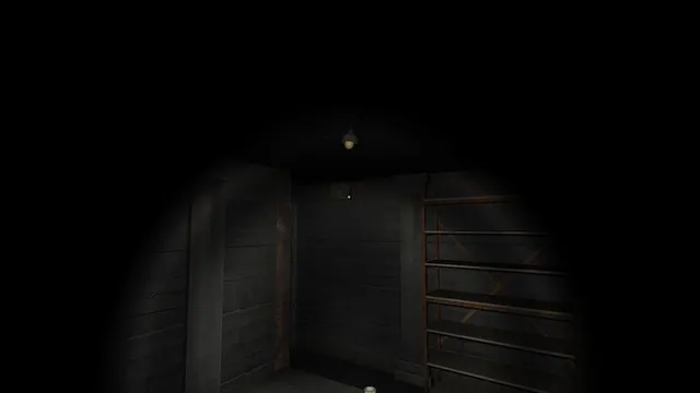 Bunker16 screenshot: a flashlight beam picks out a metal shelf and a doorway in a black concrete room