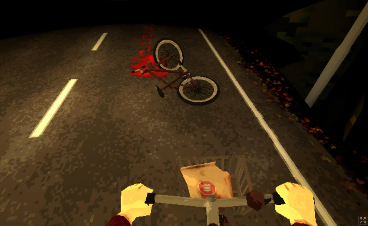Burger & Frights screenshot: first-person view over the handlebars and a burger bag toward a crashed bike lying in blood on the road