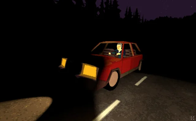 Burger & Frights screenshot: a red car with a smiling driver pulls alongside on a dark forest road