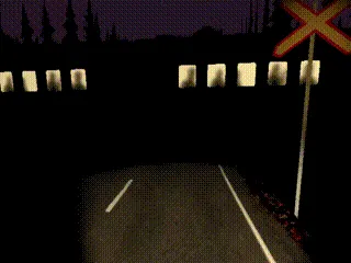 Burger & Frights screenshot: a train with lit windows passes a railway crossing at the end of the dark road