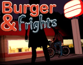 Burger & Frights cover: a tall dark silhouette stands in front of a lit burger stand while a cyclist sits on a bike beside it, under the red and white title