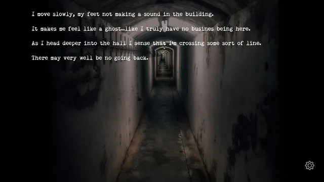 Buried screenshot: a long, grimy underground corridor, with text about crossing a line with no going back