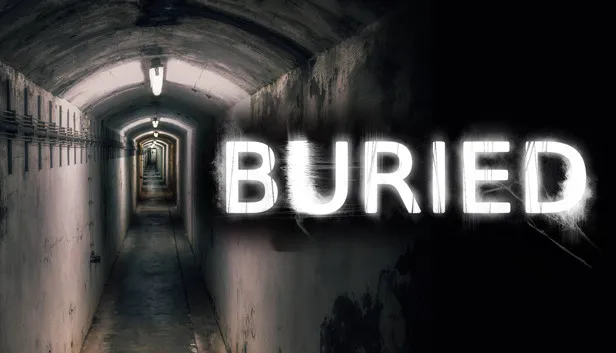 Buried key art: a long, dim concrete tunnel lit by ceiling lamps, with the word BURIED in white scratched letters