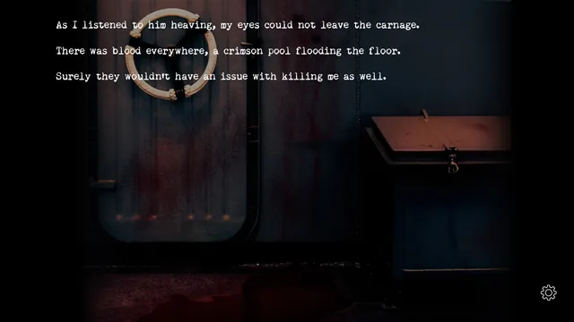 Buried screenshot: a heavy metal door and a blood-stained floor, with text about blood everywhere