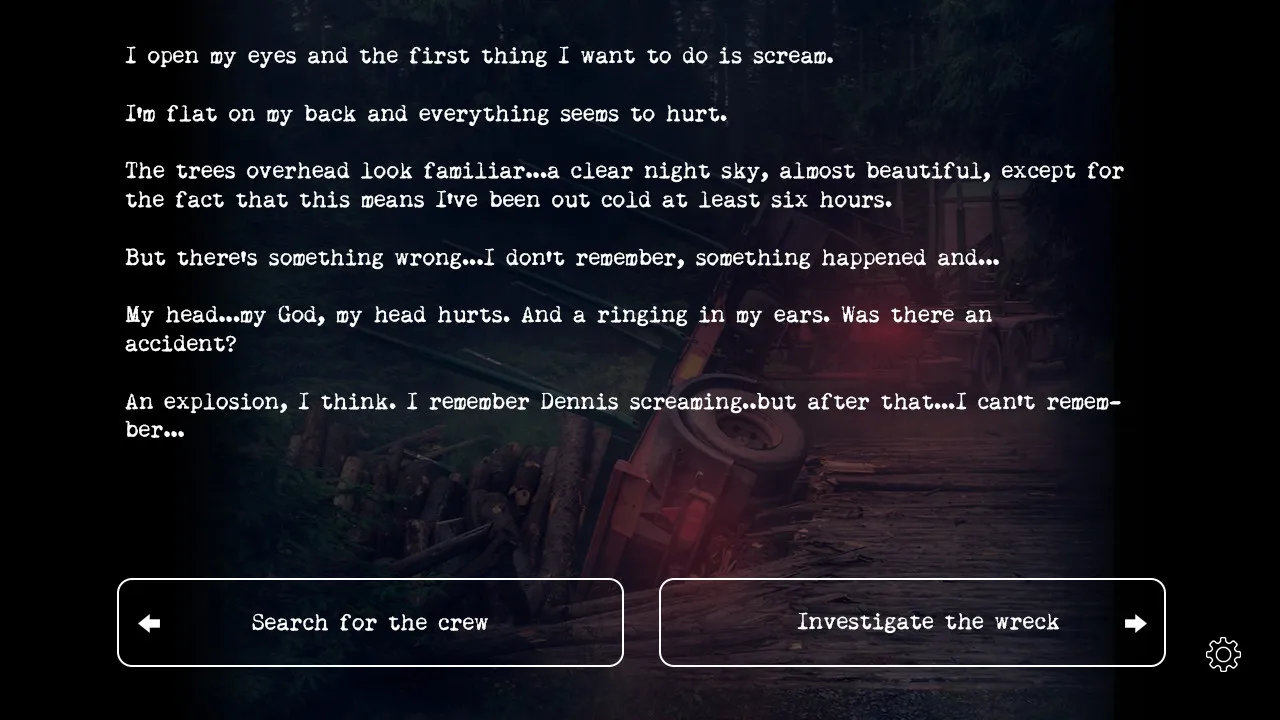 Buried screenshot: text about waking in the woods after an explosion, over a dark photo of a wrecked vehicle, with the choices Search for the crew and Investigate the wreck