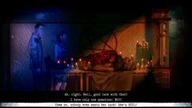 Burnhouse Lane screenshot: two figures look on at a bloodied man laid out among candles before a pentagram