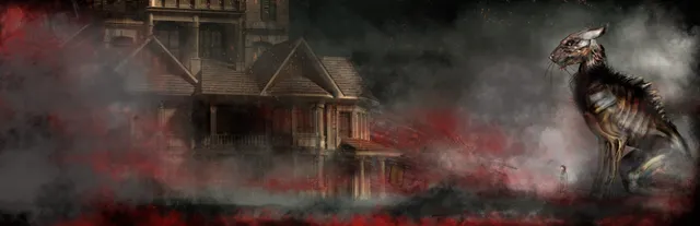 Burnhouse Lane key art: a tall wooden house in red mist with a small figure facing a huge skeletal cat-like creature