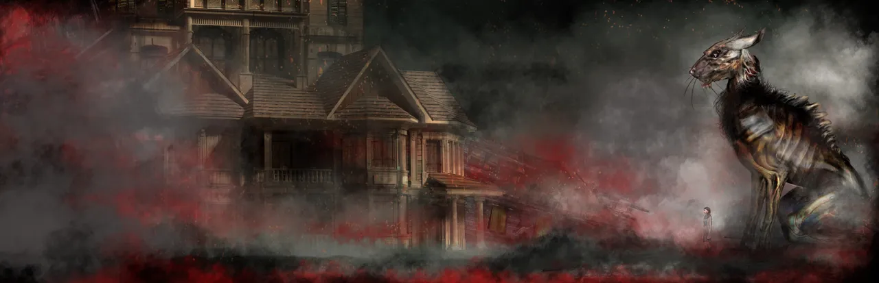 Burnhouse Lane key art: a tall wooden house in red mist with a small figure facing a huge skeletal cat-like creature