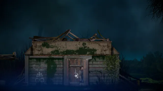 Burnhouse Lane screenshot: Angie at the door of a ruined wooden shed with occult symbols painted on its wall at night