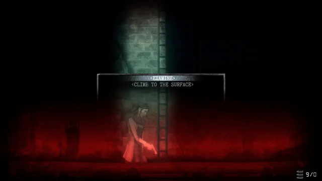 Burnhouse Lane screenshot: Angie holds a pistol at the foot of a ladder in a dark corridor washed in red light