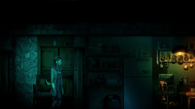 Burnhouse Lane screenshot: Angie stands in a dim farmhouse kitchen lit by a single hanging lamp