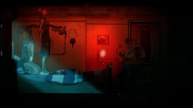 Burnhouse Lane screenshot: a woman stands on a bed in a red-lit room while another sits on the floor and a man watches from a chair