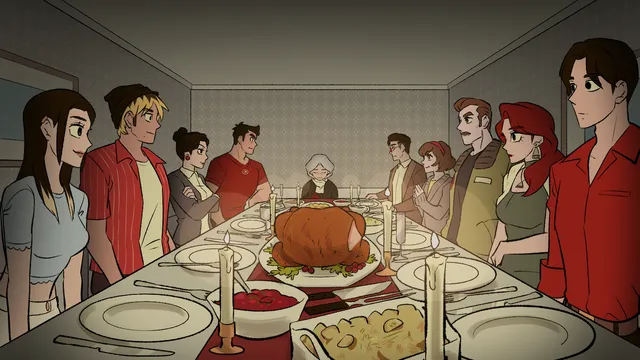 Burnover Dinner screenshot: the whole family standing around a table laid with a roast turkey and candles