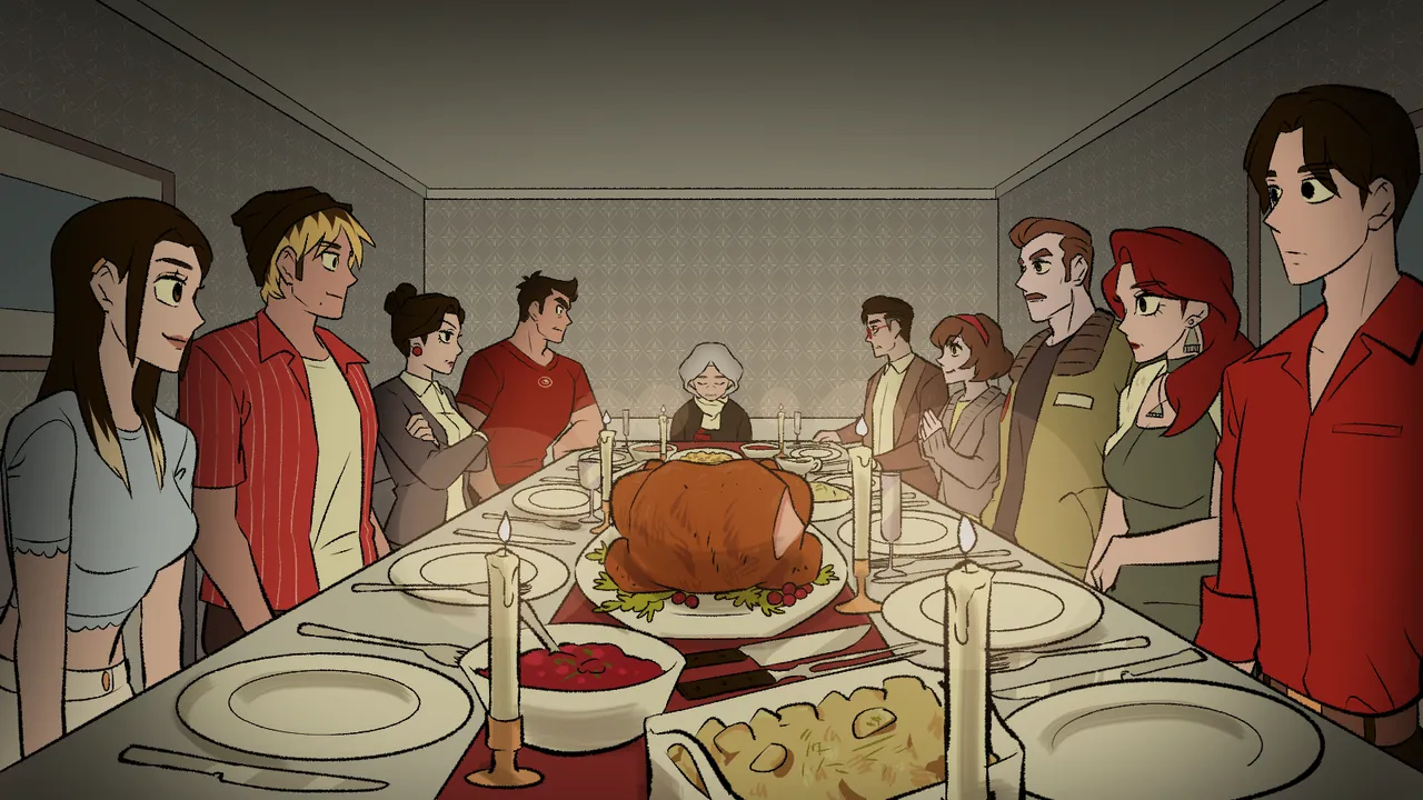 Burnover Dinner screenshot: the whole family standing around a table laid with a roast turkey and candles