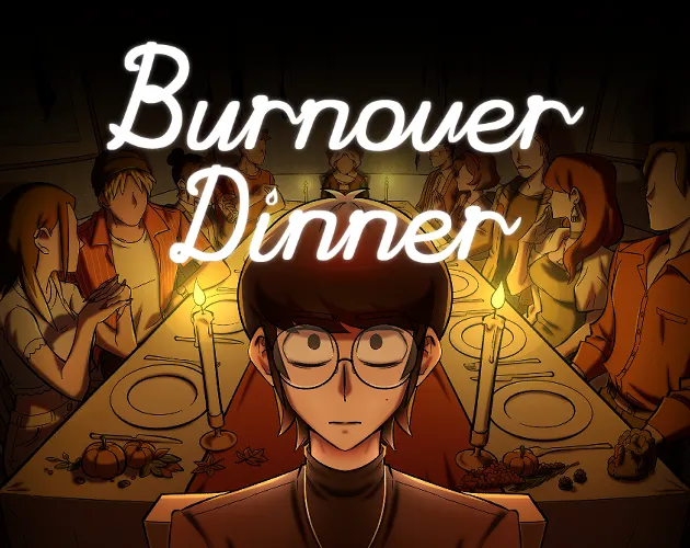 Burnover Dinner cover: a young man in glasses sits at the head of a candlelit Thanksgiving table while relatives stare, under the title in white script