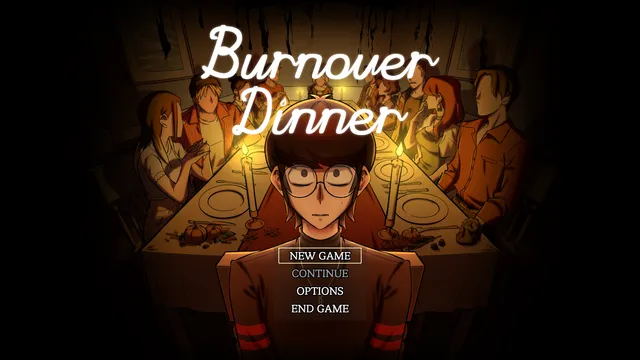 Burnover Dinner title screen: the young man at the candlelit table with the menu New Game, Continue, Options, End Game