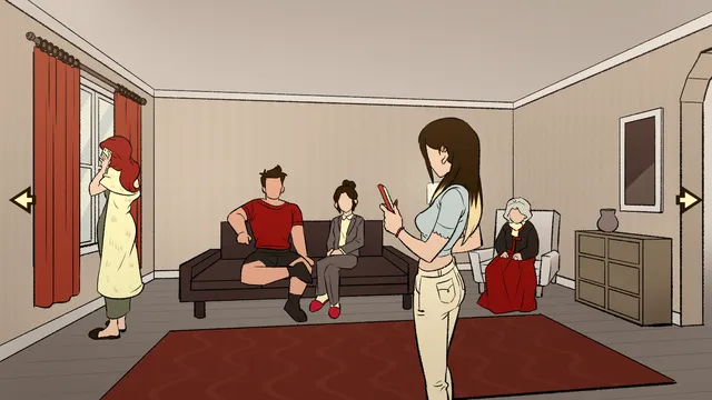 Burnover Dinner screenshot: relatives on a sofa and around a living room, one looking at her phone