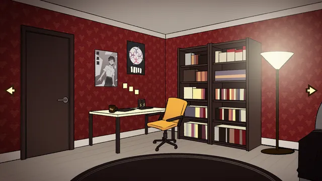 Burnover Dinner screenshot: a bedroom with red patterned wallpaper, a desk, bookshelves and a lamp, with arrows to turn