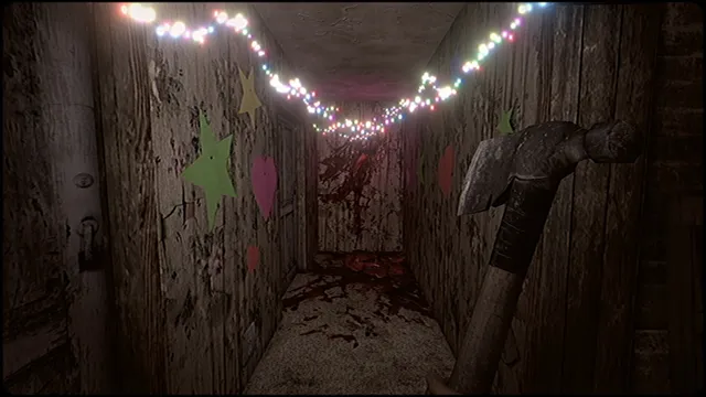 A narrow wooden corridor with fairy lights and paper stars, its floor and far wall smeared with blood