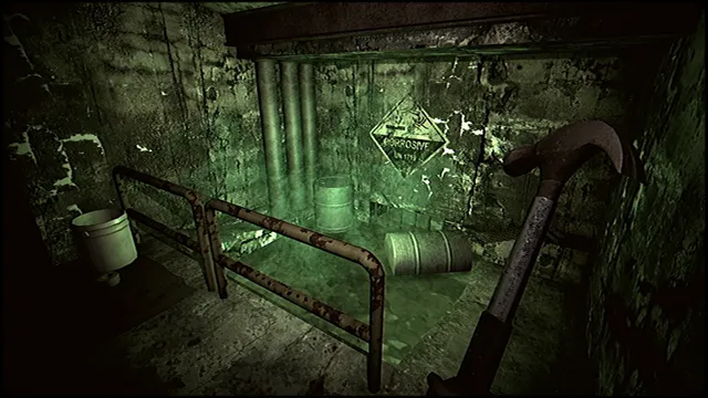 A green-lit grimy basement with railings and a corrosive barrel, the player holding a claw hammer