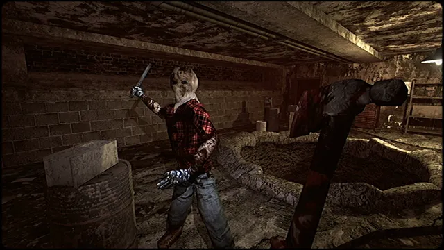 A masked killer in a plaid shirt raising a knife in a filthy brick basement, seen over the player's bloody hammer