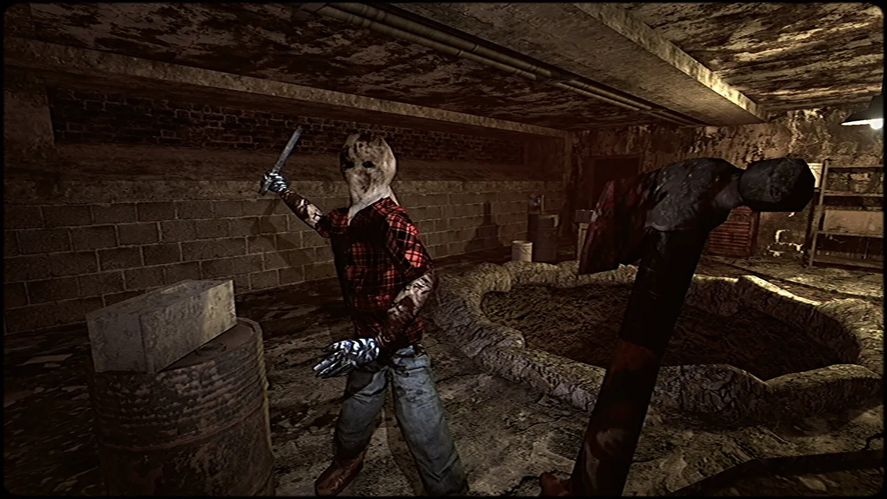 A masked killer in a plaid shirt raising a knife in a filthy brick basement, seen over the player's bloody hammer