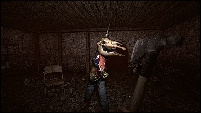 A killer wearing a horse-skull mask with a horn stands in a dim room, facing the player's raised hammer