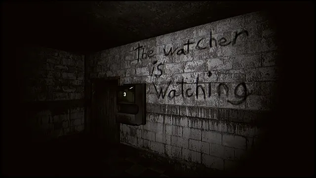 'The watcher is watching' scrawled on a brick wall beside a dark doorway