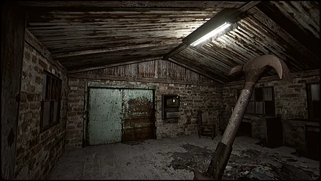 A run-down brick room with a metal door, held in first person with a hammer under a fluorescent light
