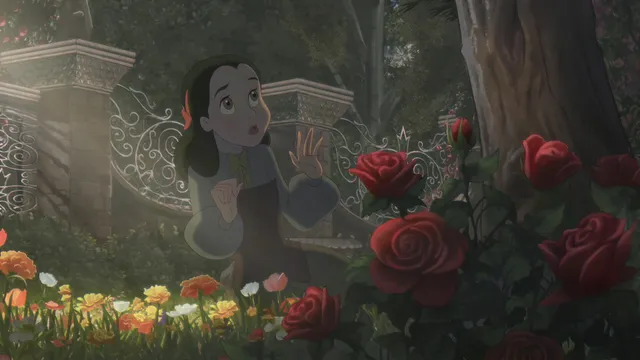 Hand-drawn Lana looks around in alarm among red roses beside a wrought iron gate in a sunlit garden