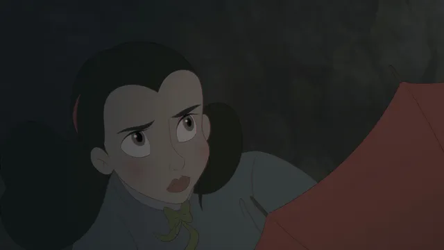 A close-up of Lana's worried face in a dim room