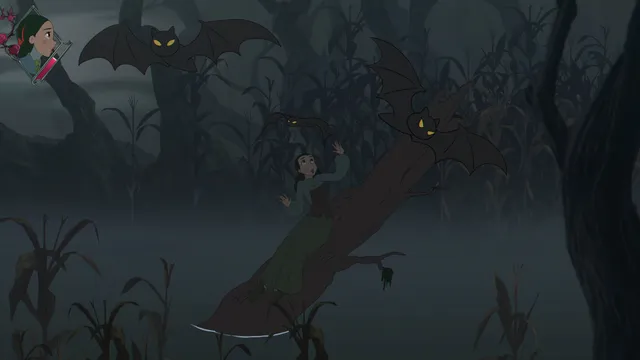 Lana balances on a fallen log in a misty swamp at night while bats with glowing yellow eyes swoop at her