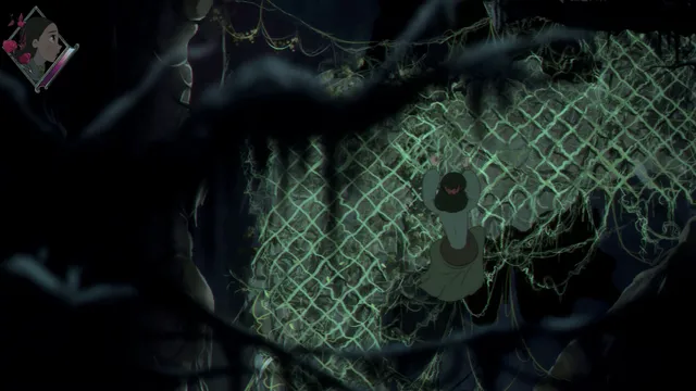 Lana climbs a glowing net in a dark cave hung with roots
