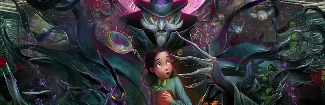 Bye Sweet Carole art: a frightened girl in a green dress among dark thorny vines, a grinning figure in a top hat with glowing eyes looming behind her