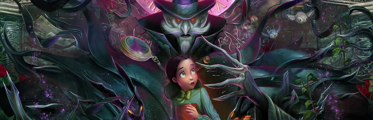 Bye Sweet Carole art: a frightened girl in a green dress among dark thorny vines, a grinning figure in a top hat with glowing eyes looming behind her